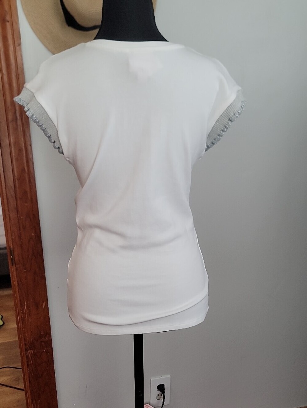 Muse Republic Clothing White Short Sleeve Tee with Silver Ruffle Sleeve Trim - Picture 7 of 10